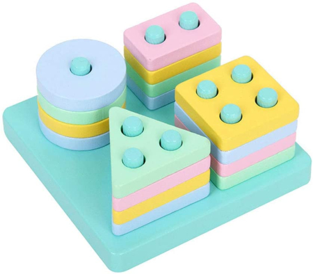 3 ani + - Sortator Montessori din Lemn cu Forme Geometrice și Culori Pastel (1)