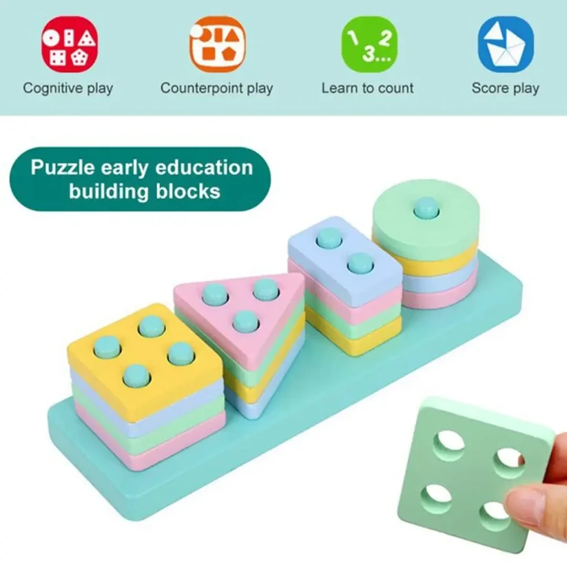 Sortator Montessori din Lemn cu 4 Forme Geometrice și Culori Pastel [9]