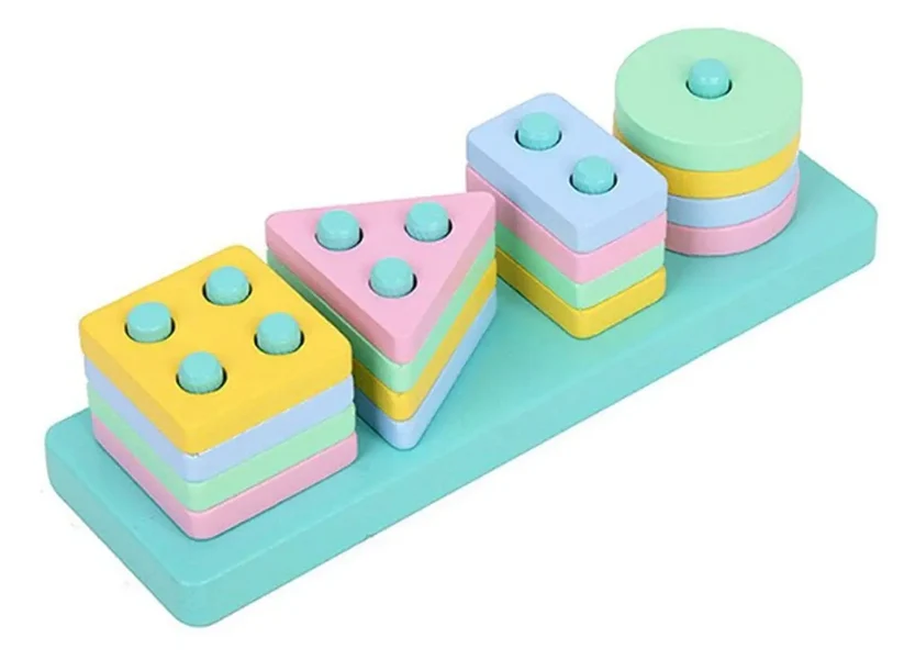 Jocuri Interactive - Sortator Montessori din Lemn cu 4 Forme Geometrice și Culori Pastel