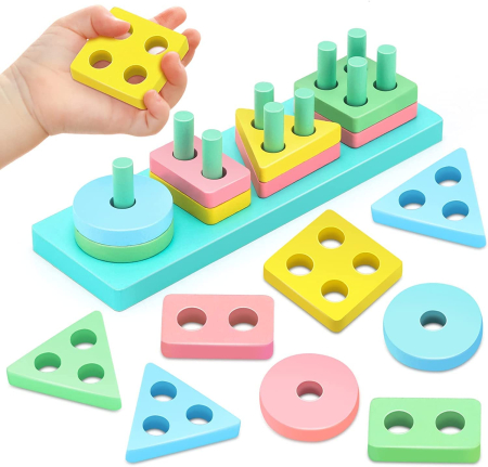 Sortator Montessori din Lemn cu 4 Forme Geometrice și Culori Pastel [10]