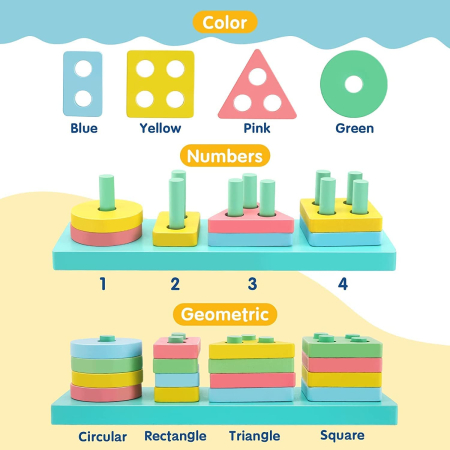 Sortator Montessori din Lemn cu 4 Forme Geometrice și Culori Pastel [4]