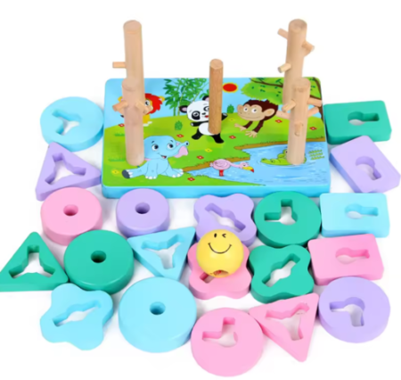 Sortator Montessori din Lemn cu 5 Coloane și Forme Geometrice Pastel [1]