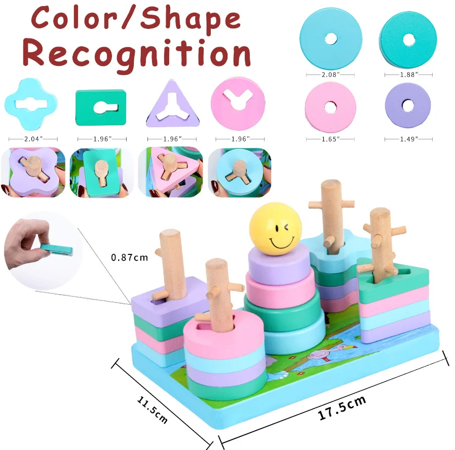Sortator Montessori din Lemn cu 5 Coloane și Forme Geometrice Pastel [2]