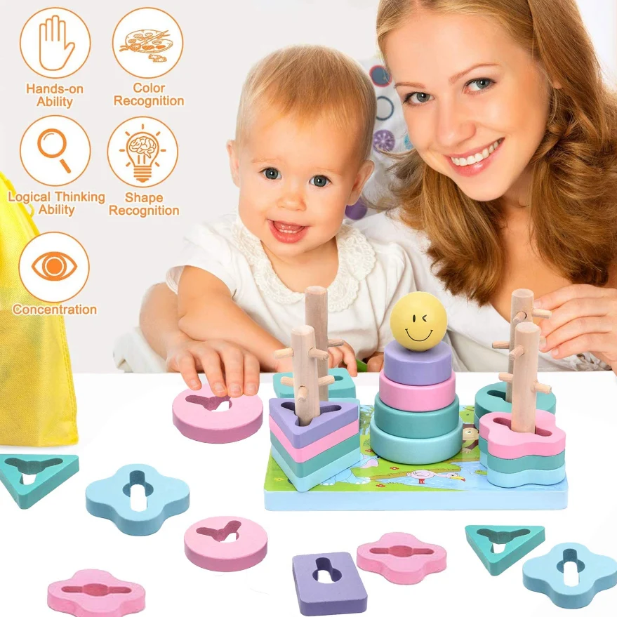 Sortator Montessori din Lemn cu 5 Coloane și Forme Geometrice Pastel [4]