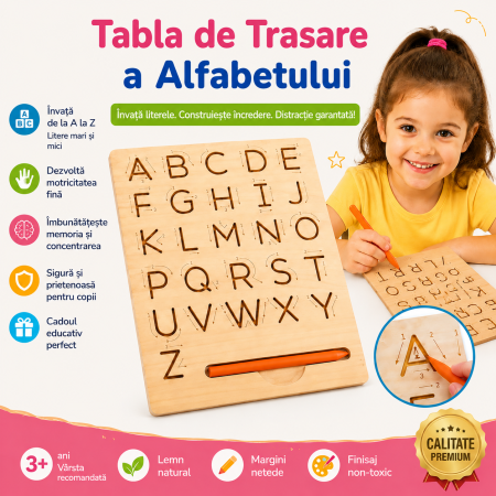 Tablă Montessori din Lemn pentru Trasarea Literelor A-Z cu Creion [3]