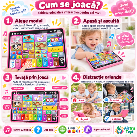 Tabletă Educativă Interactivă Roz în Limba Engleză pentru Copii cu Sunete, Muzică, Animale, Cifre și Alfabet [2]