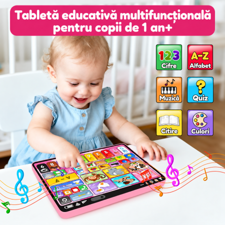 Tabletă Educativă Interactivă Roz în Limba Engleză pentru Copii cu Sunete, Muzică, Animale, Cifre și Alfabet [5]