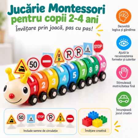 Tren Montessori din Lemn cu Cifre și Semne de Circulație [3]
