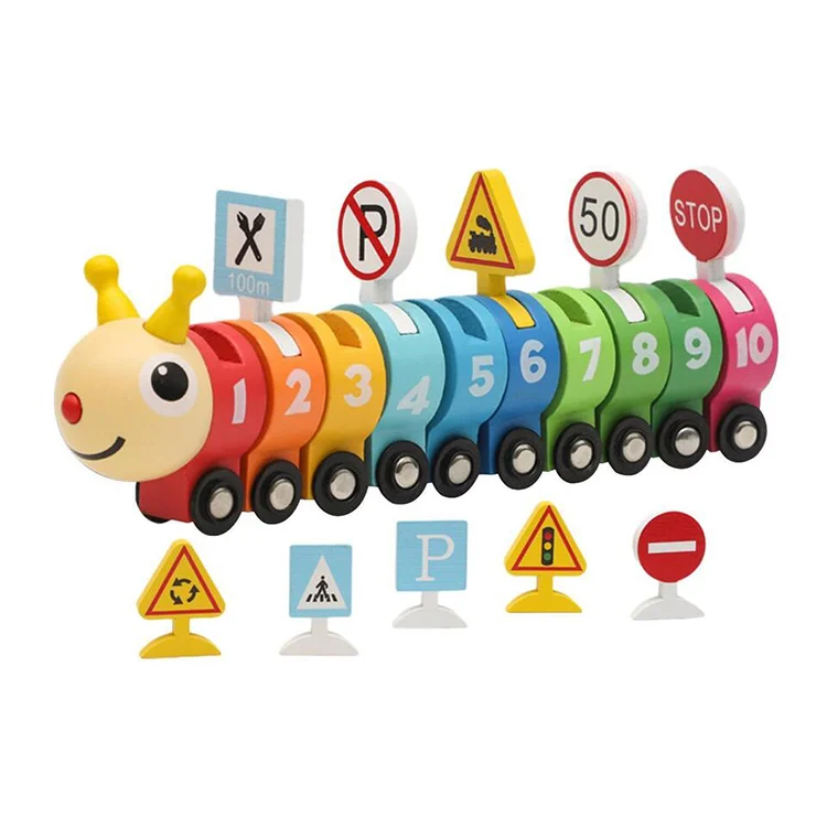Jocuri cu vehicule, trenuri, avioane, masinute - Tren Montessori din Lemn cu Cifre și Semne de Circulație