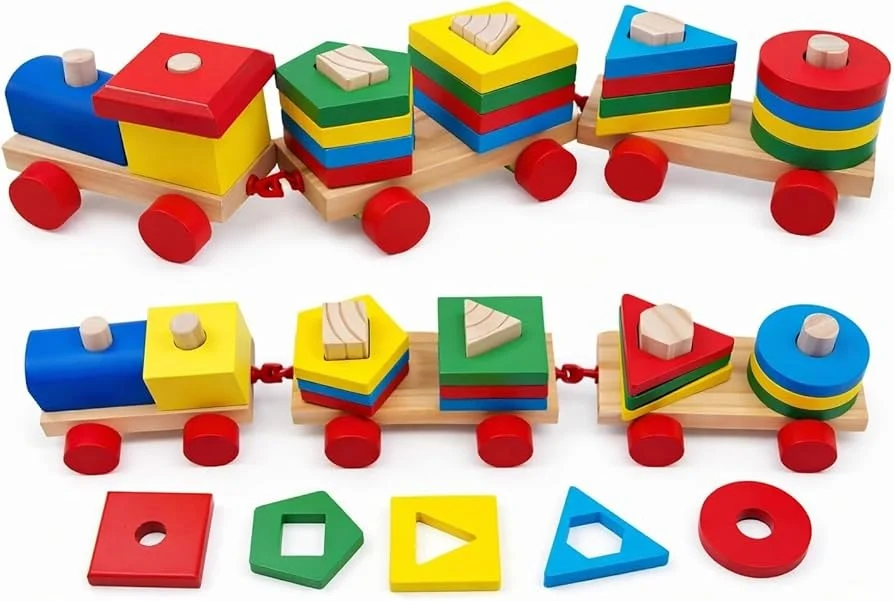 Trenuleț Montessori din Lemn cu Vagoane și Forme Geometrice de Stivuit (1) [8]