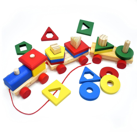 Jocuri Memorie si Asociere - Trenuleț Montessori din Lemn cu Vagoane și Forme Geometrice de Stivuit (1)