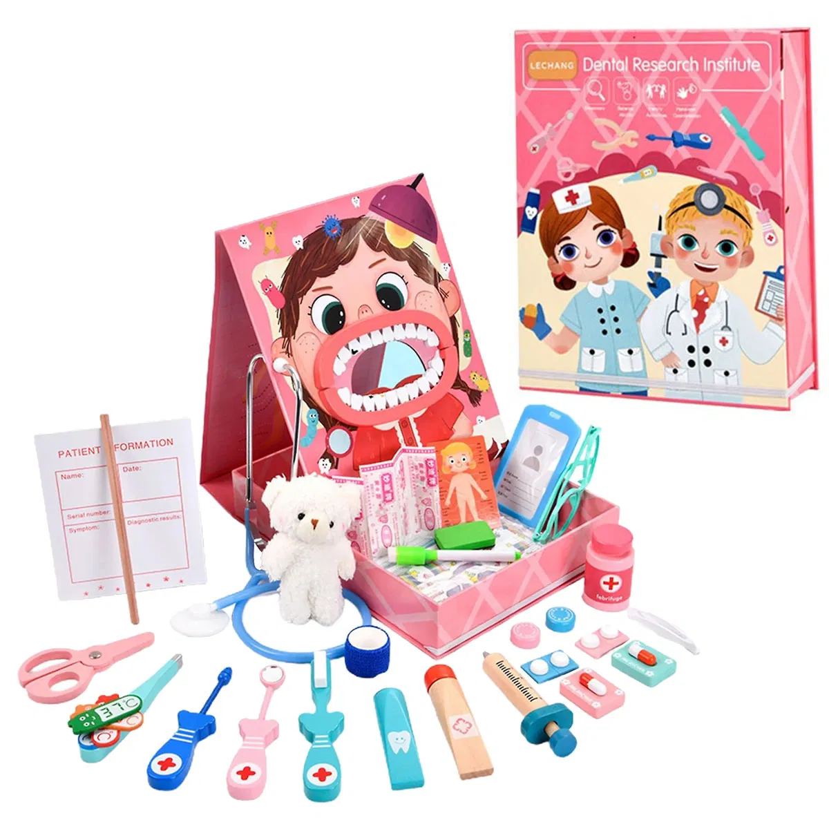 Jocuri de Rol - Trusă Dentist pentru Copii Roz cu Cabinet Stomatologic și Accesorii