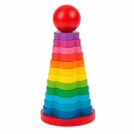 Jocuri de Constructie - Turn Montessori Curcubeu din Lemn cu 12 Piese Colorate și Bilă