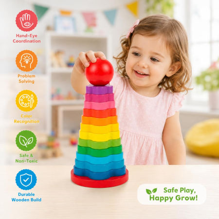 Turn Montessori Curcubeu din Lemn cu 12 Piese Colorate și Bilă [2]