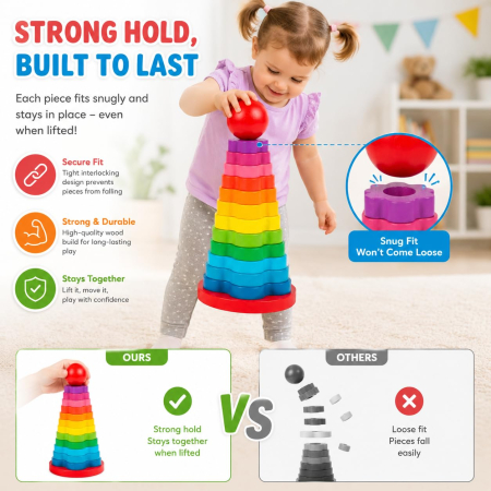 Turn Montessori Curcubeu din Lemn cu 12 Piese Colorate și Bilă [7]