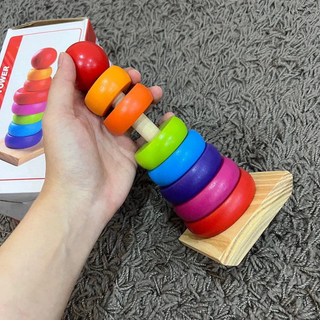 Piramidă Montessori Curcubeu Rainbow Tower din Lemn cu 8 Piese [6]