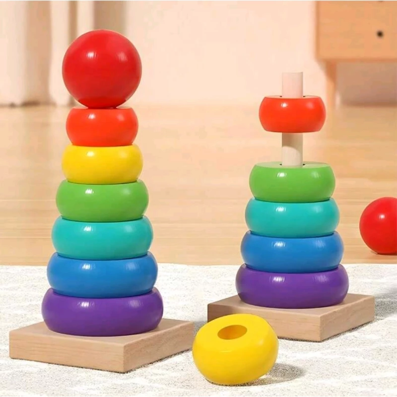 Piramidă Montessori Curcubeu Rainbow Tower din Lemn cu 8 Piese [10]