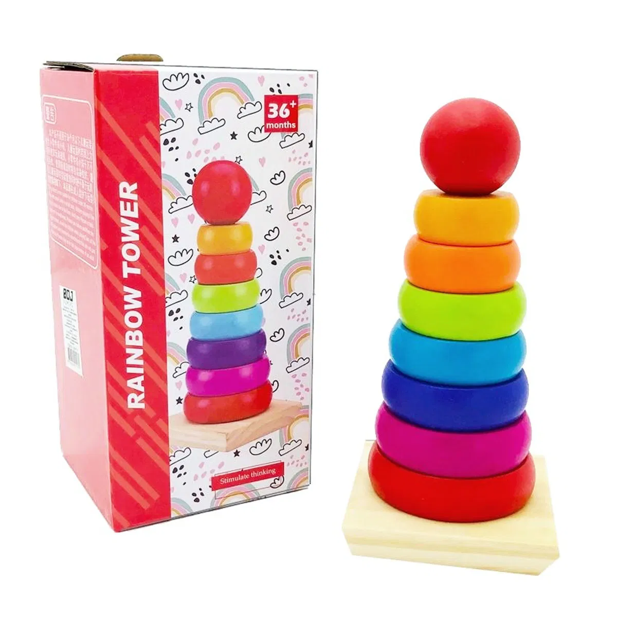 Piramidă Montessori Curcubeu Rainbow Tower din Lemn cu 8 Piese [3]
