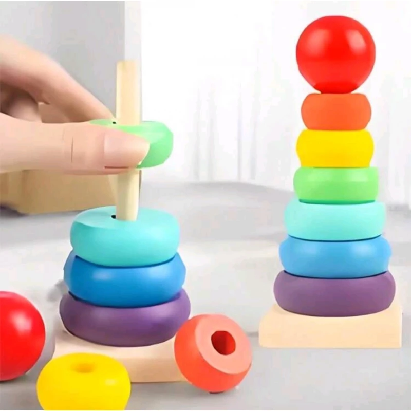 Piramidă Montessori Curcubeu Rainbow Tower din Lemn cu 8 Piese [1]