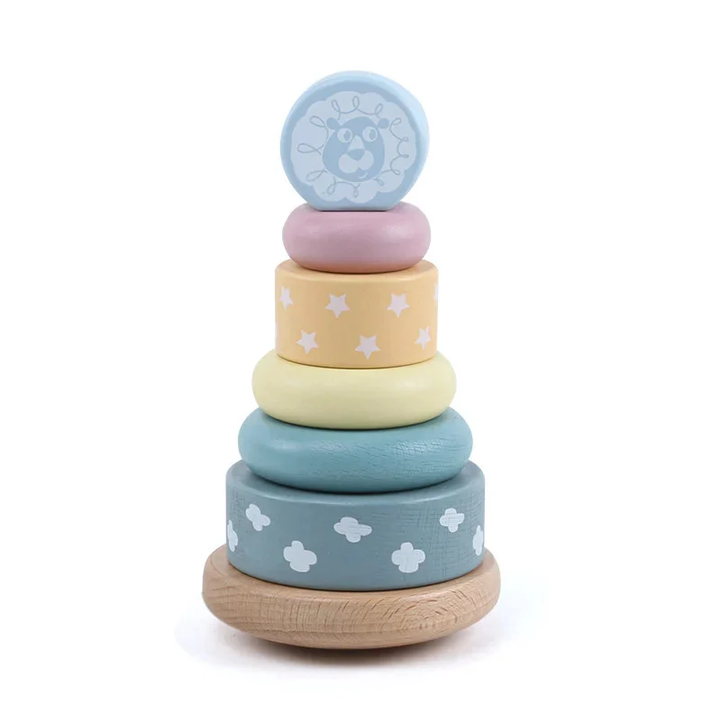 Jocuri Interactive - Turn Montessori de Stivuire din Lemn cu Inele Pastel pentru Copii