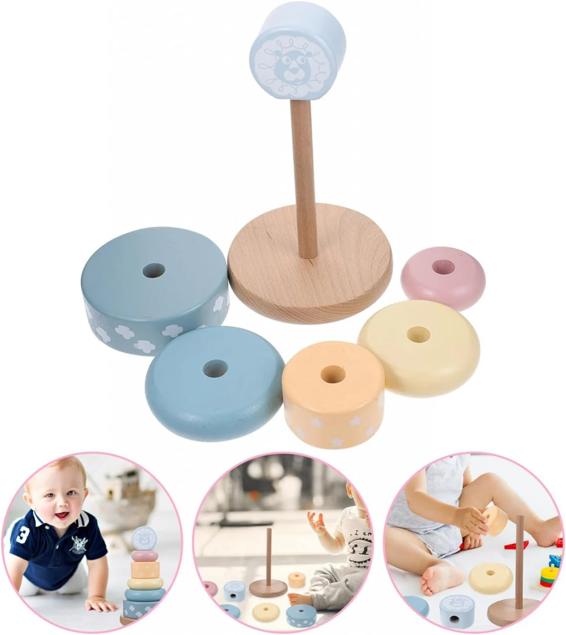 Turn Montessori de Stivuire din Lemn cu Inele Pastel pentru Copii [4]