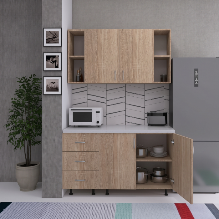 Bucătărie EC56 Stejar Sonoma 120 cm cu 3 sertare și suspendat cu 2 uși centrale [2]