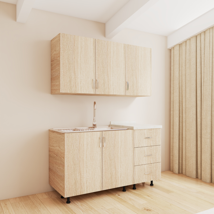 Bucatarie 120 cm Lungime, Material PAL 18mm, Culoare Stejar Sonoma, Blat termorezistent 2.8 cm Grosime [2]