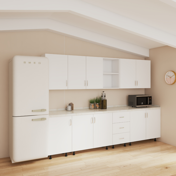 Bucatarie 240 cm Lungime, Material PAL 18mm, Culoare Alb, Blat termorezistent 2.8 cm Grosime [2]