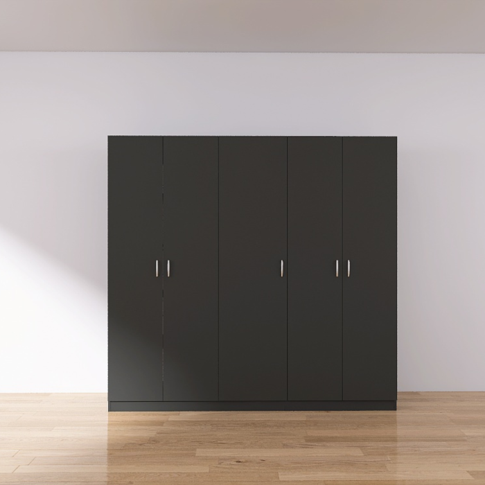 Dulap 5 usi cu rafturi si bara haine , H200 X L205 X A50cm, PAL 18mm, Culoare GRI ANTRACIT [3]