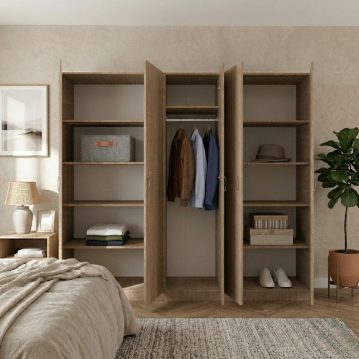 Dulap 5 usi cu rafturi si bara haine , H200 X L205 X A50cm, PAL 18mm, Culoare Stejar Sonoma [2]