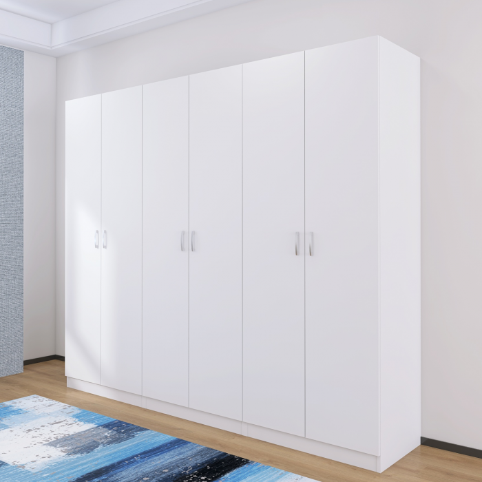 Dulap cu 6 usi cu bara haine si rafturi, H200 X L240 X A50cm, PAL 18mm, Culoare Alb [4]