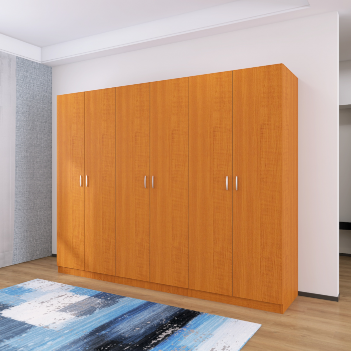 Dulap cu 6 usi cu bara haine si rafturi, H200 X L240 X A50cm, PAL 18mm, Culoare Cires [2]