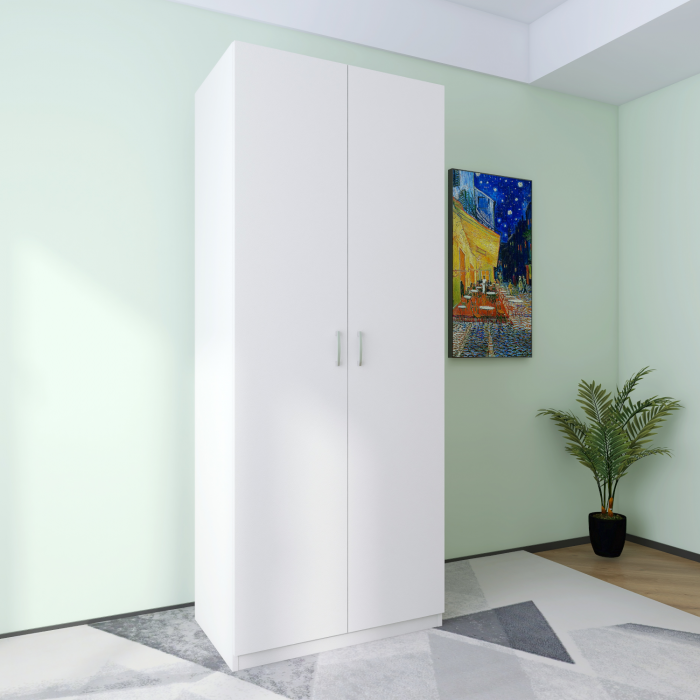 Dulap 2 usi cu bara haine si 2 rafturi, H200 X L80 X A50cm, PAL 18mm, Culoare Alb [2]