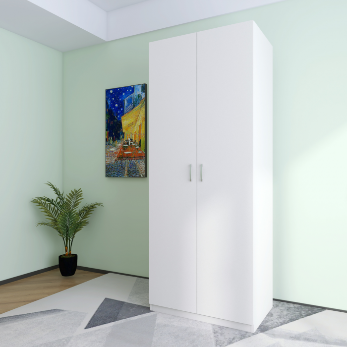 Dulap 2 usi cu bara haine si 2 rafturi, H200 X L80 X A50cm, PAL 18mm, Culoare Alb [3]