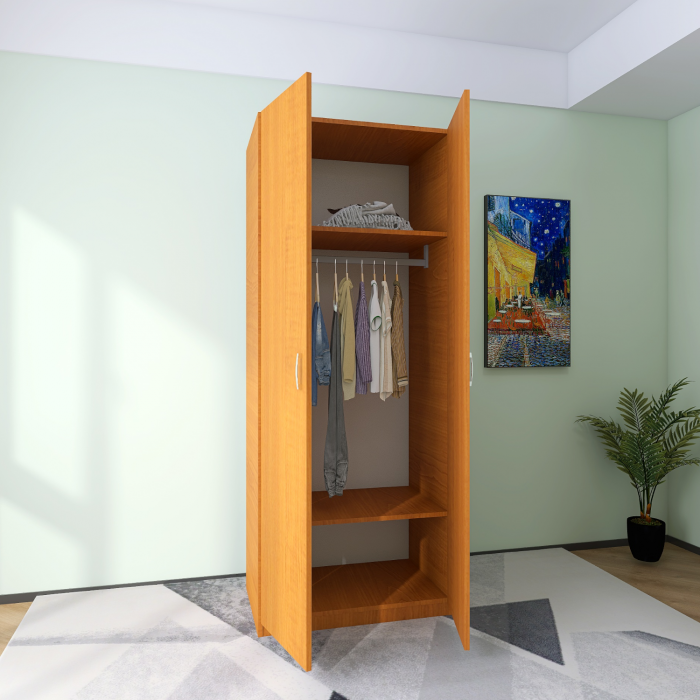 Dulap 2 usi cu bara haine si 2 rafturi, H200 X L80 X A50cm, PAL 18mm, Culoare Cires [1]