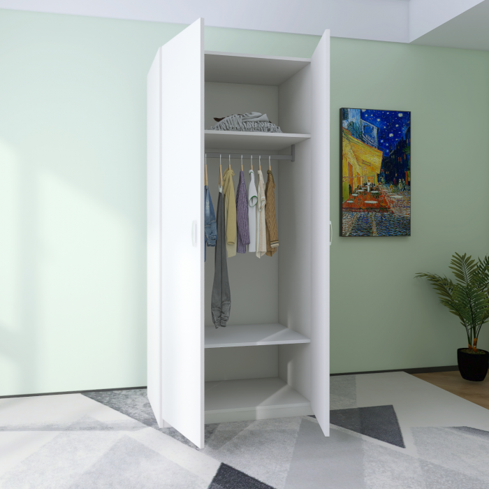 Dulap 2 usi cu bara haine si 2 rafturi, H200 X L80 X A50cm, PAL 18mm, Culoare Alb [1]