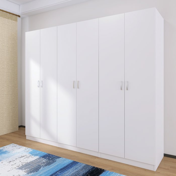 Dulap cu 6 usi cu bara haine si rafturi, H200 X L240 X A50cm, PAL 18mm, Culoare Alb [4]