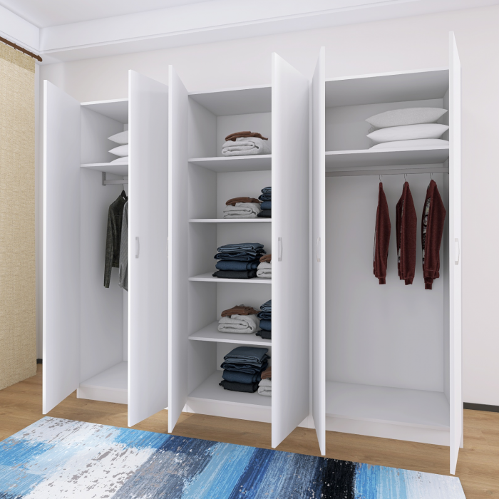 Dulap cu 6 usi cu bara haine si rafturi, H200 X L240 X A50cm, PAL 18mm, Culoare Alb [2]