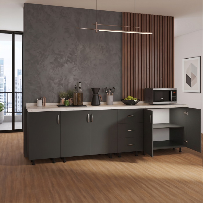 Set corpuri inferioare AlexaMob C387 Gri Antracit, 240 × 50 × 90 cm, cu cinci uși, trei sertare și blat [2]