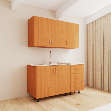 Bucatarii - Bucatarie 120 cm Lungime, Material PAL 18mm, Culoare Cires, Blat termorezistent 2.8 cm Grosime