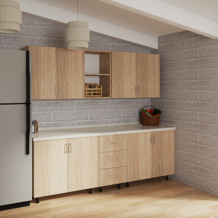 Bucatarie 200 cm LORA Lungime, Material PAL 18mm, Culoare Stejar Sonoma, Blat termorezistent [1]