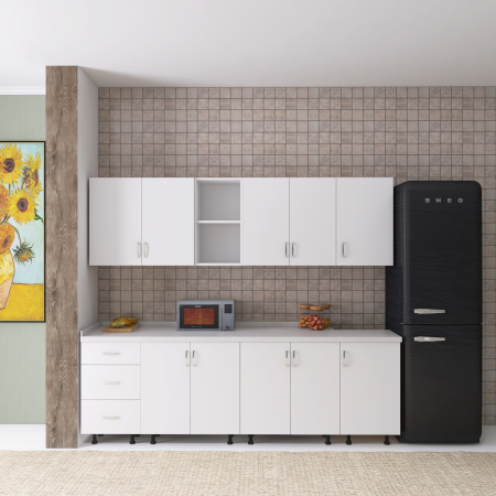 Bucatarii - Bucatarie 240 cm Lungime, Material PAL 18mm, Culoare ALB, Blat termorezistent 2.8 cm Grosime