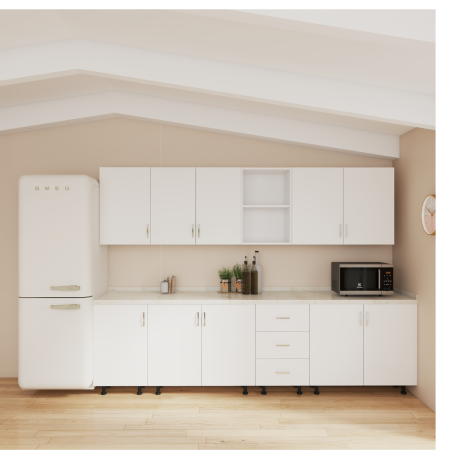 Bucatarii - Bucatarie 240 cm Lungime, Material PAL 18mm, Culoare Alb, Blat termorezistent 2.8 cm Grosime