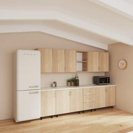 Bucatarie 240 cm Lungime, Material PAL 18mm, Culoare Stejar Sonoma, Blat termorezistent 2.8 cm Grosime [1]