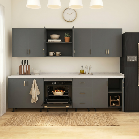 Bucatarii - Bucatarie 240cm Lungime, Material PAL 18mm, Culoare Gri Antracit, Blat termorezistent 2.8 cm Grosime