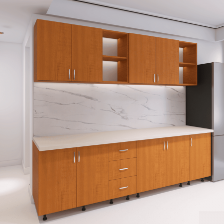 Bucatarii - Bucatarie 240 cm Lungime, Material PAL 18mm, Culoare Cires, Blat termorezistent 2.8 cm Grosime