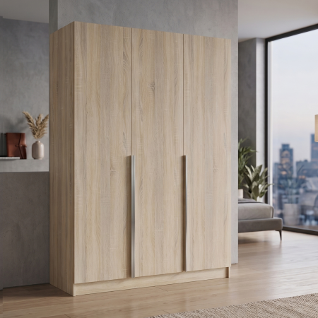 Dulap cu 3 usi - Dulap 3 usi cu 5 rafturi si bara haine, L120 x A50 x H200cm, Culoare Stejar Sonoma, Pal 18mm