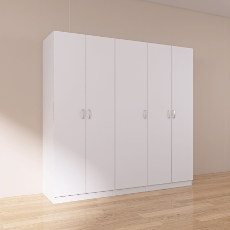 Dulap cu 3 usi - Dulap 5 usi cu rafturi si bara haine , H200 X L205 X A50cm, PAL 18mm, Culoare Alb