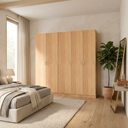 Dulap 6 usi - Dulap 5 usi cu rafturi si bara haine , H200 X L205 X A50cm, PAL 18mm, Culoare Stejar Sonoma