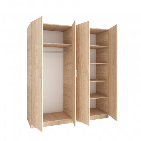 Dulap 4 usi - Dulap cu 4 usi cu bara haine si rafturi, H200 X L160 X A50cm, PAL 18mm, Culoare Sonoma